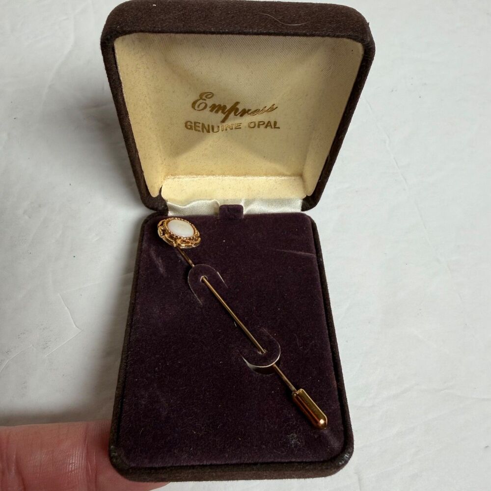 Vintage Genuine Opal Gold Tone Stick Pin Lapel Hat Pin 3" Original Empress Box